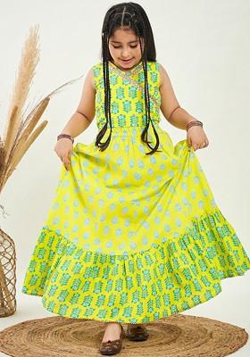 Green Printed Blended Lehenga Choli For Girls