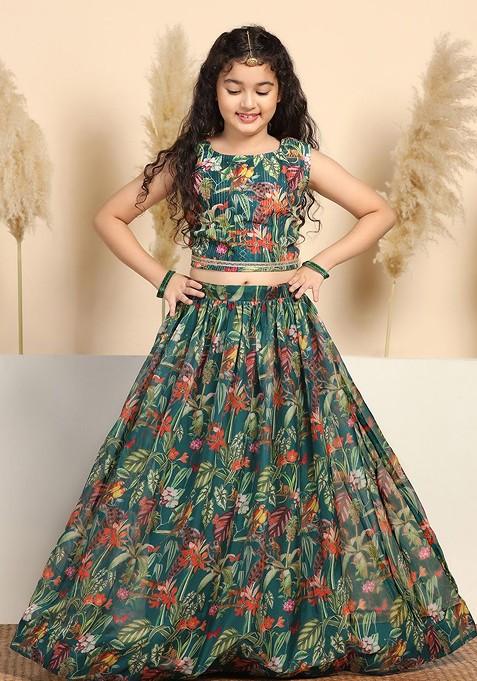 Green Printed Blended Lehenga Choli For Girls
