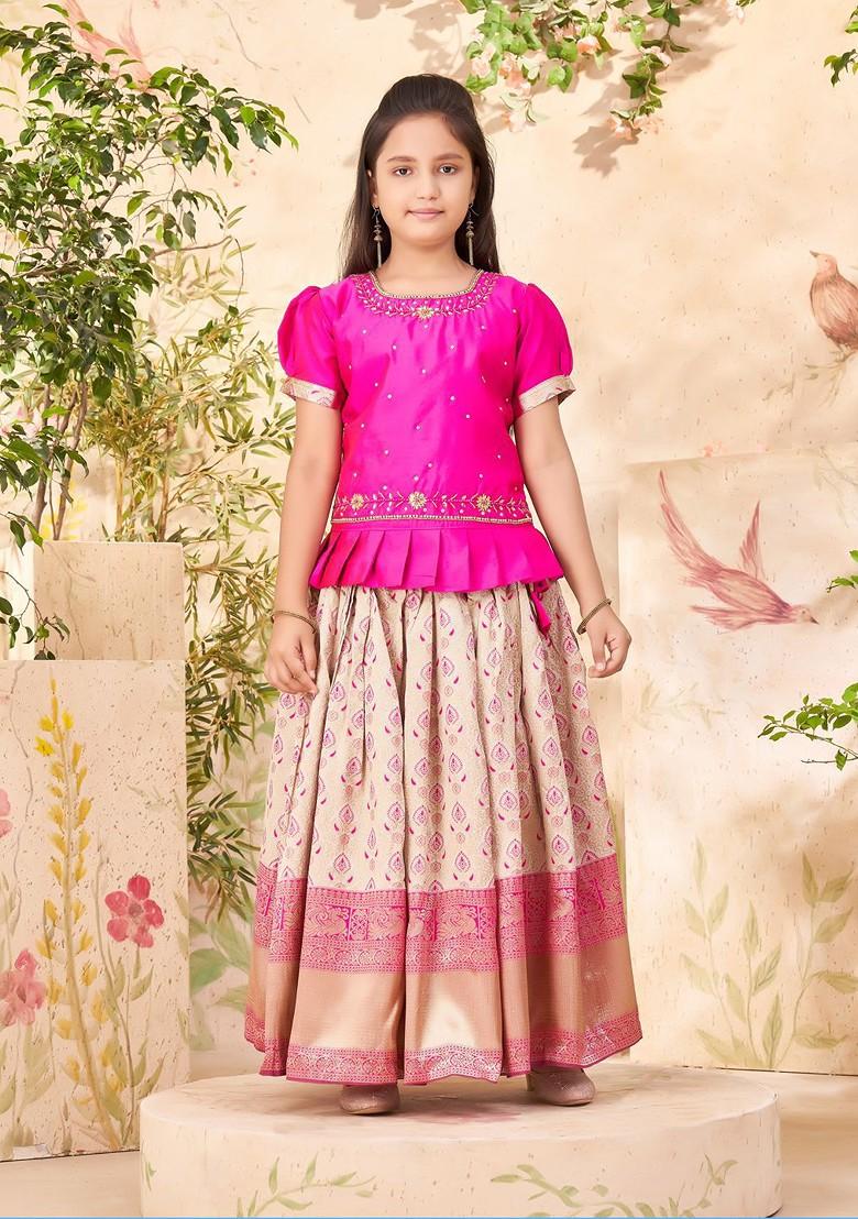 Pink Embroidered Blended Lehenga Choli For Girls - Indya