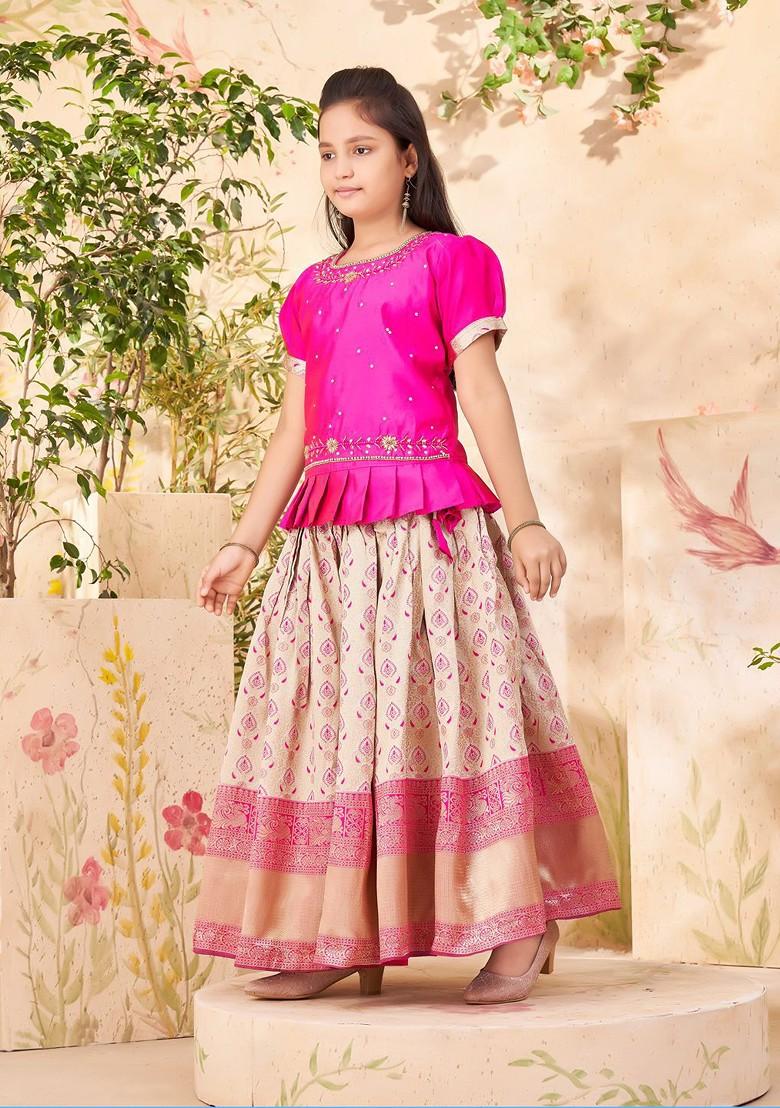 Pink Embroidered Blended Lehenga Choli For Girls - Indya