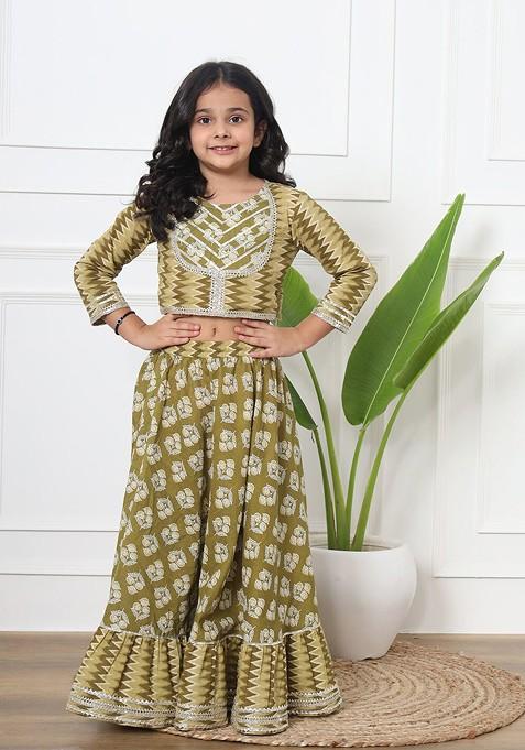 Green Printed Blended Lehenga Choli For Girls