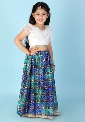 White Embroidered Blended Lehenga Choli For Girls