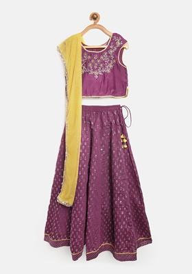 Purple Embroidered Blended Lehenga Choli For Girls