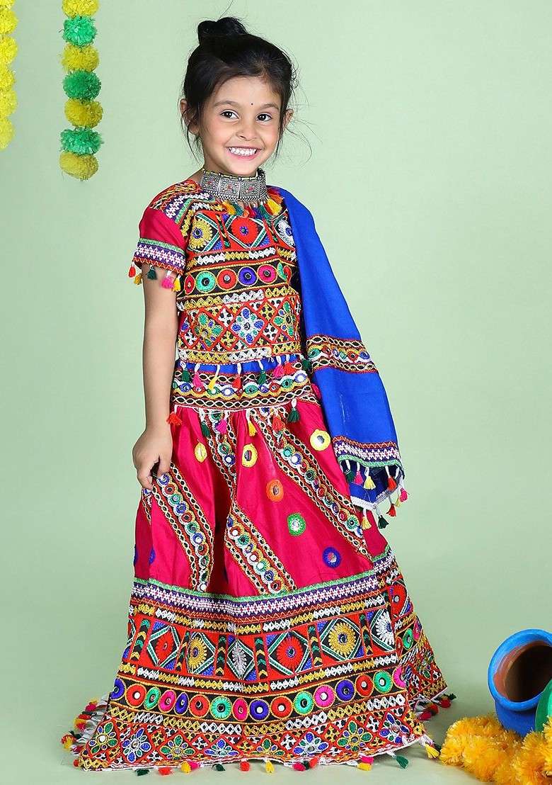 Pink Embroidered Blended Lehenga Choli For Girls - Indya