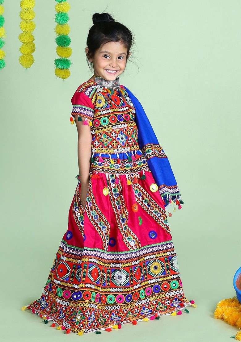 Pink Embroidered Blended Lehenga Choli For Girls - Indya