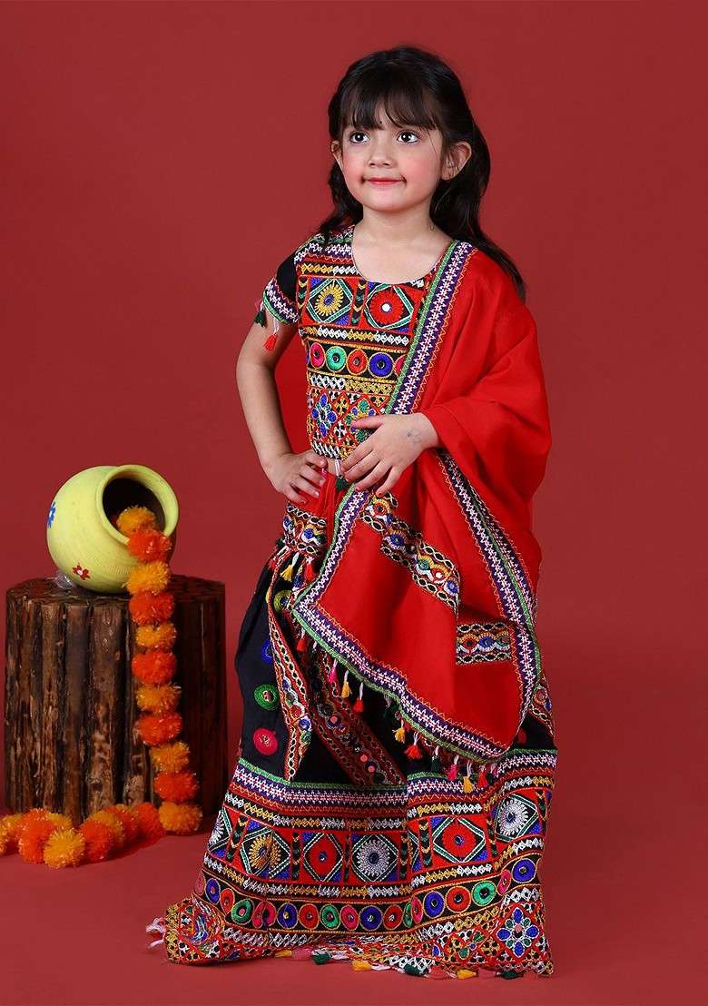 Black Embroidered Blended Lehenga Choli For Girls - Indya