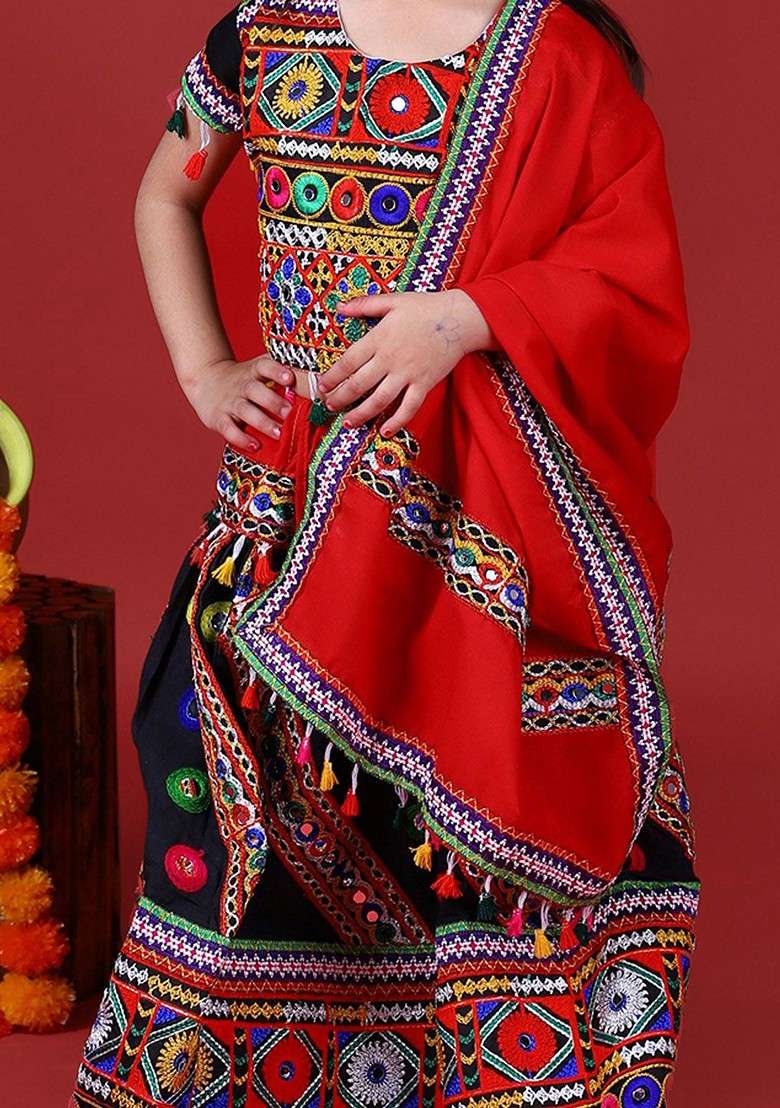 Black Embroidered Blended Lehenga Choli For Girls - Indya
