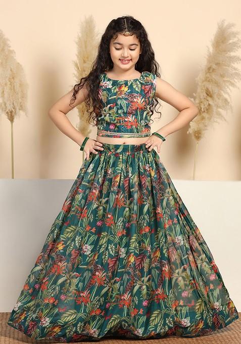 Green Printed Blended Lehenga Choli For Girls