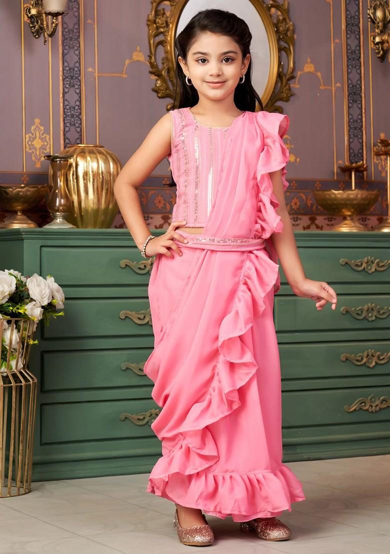 Pink Embroidered Blended Lehenga Choli For Girls - Indya