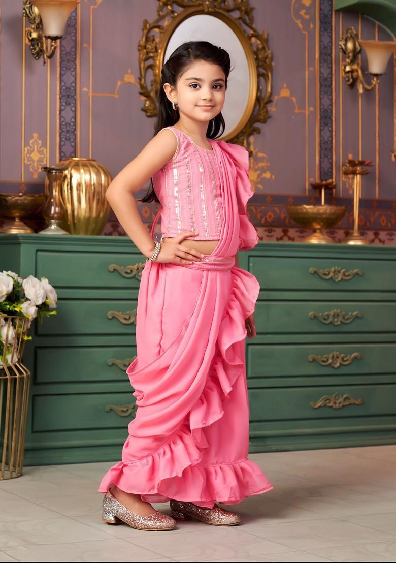 Pink Embellished Blended Lehenga Choli For Girls - Indya