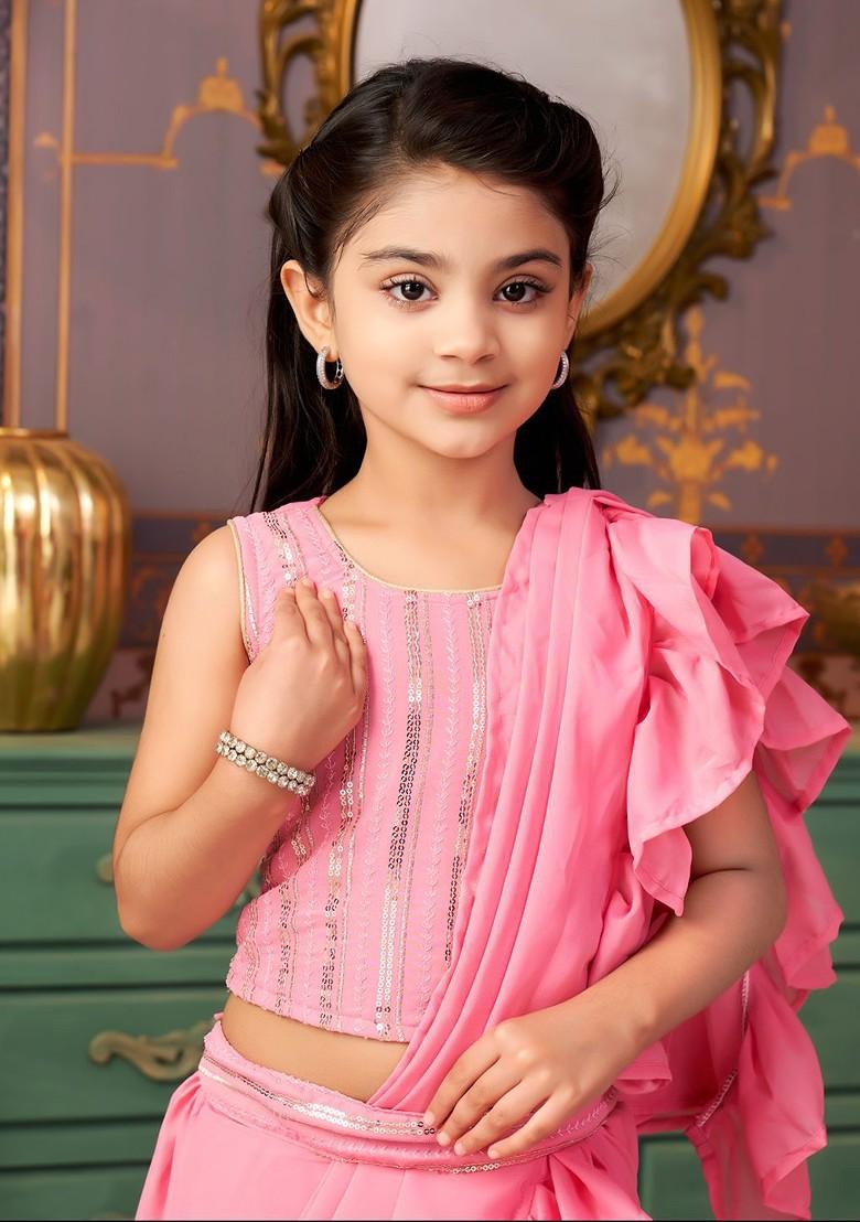Pink Embellished Blended Lehenga Choli For Girls - Indya