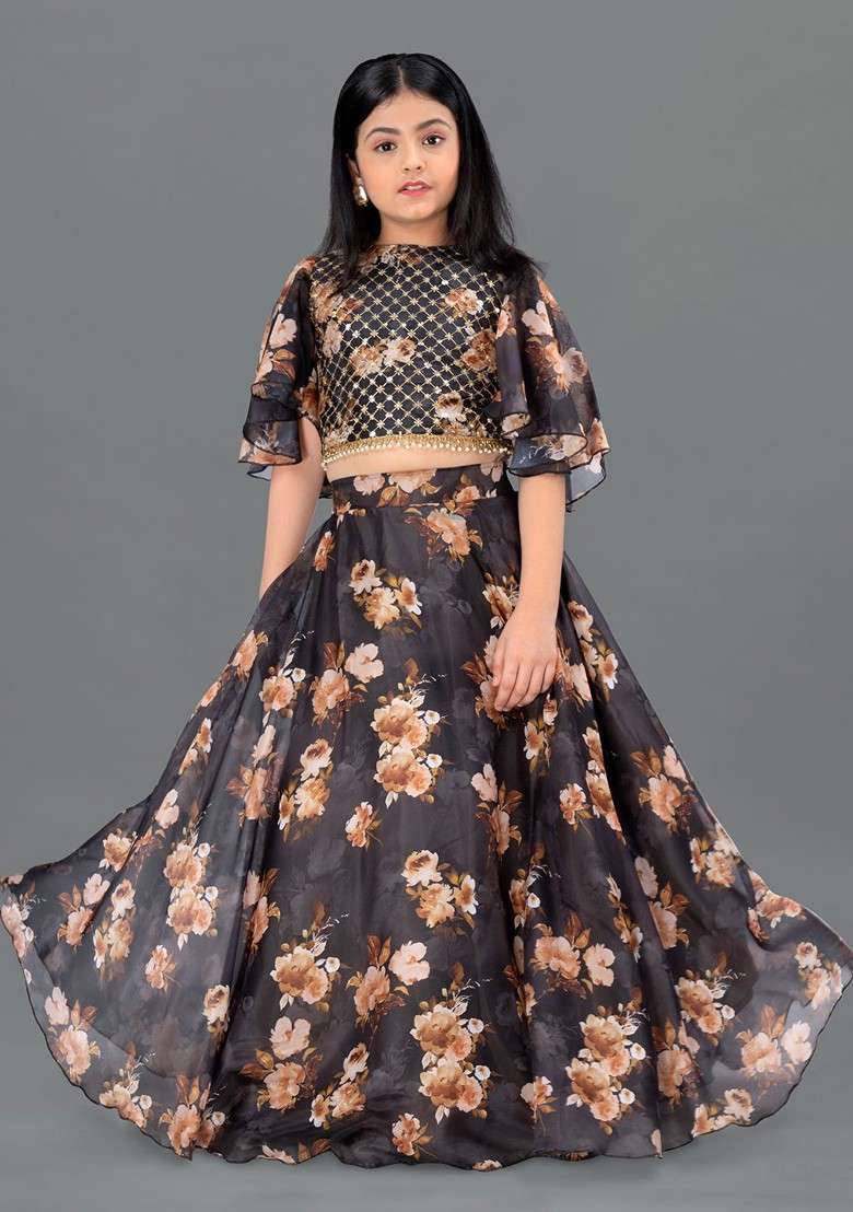 Black Printed Blended Lehenga Choli For Girls - Indya