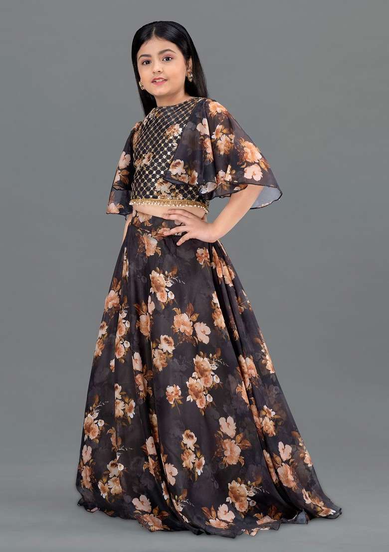 Black Printed Blended Lehenga Choli For Girls - Indya
