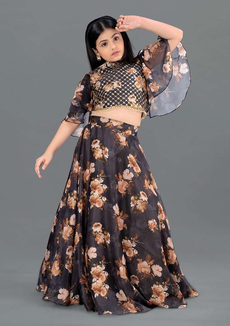 Black Printed Blended Lehenga Choli For Girls - Indya