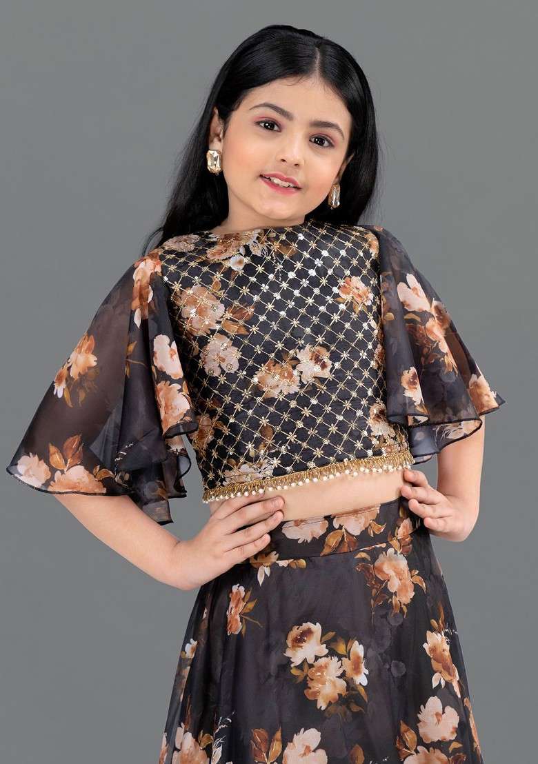 Black Printed Blended Lehenga Choli For Girls - Indya