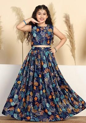 Blue Printed Blended Lehenga Choli For Girls