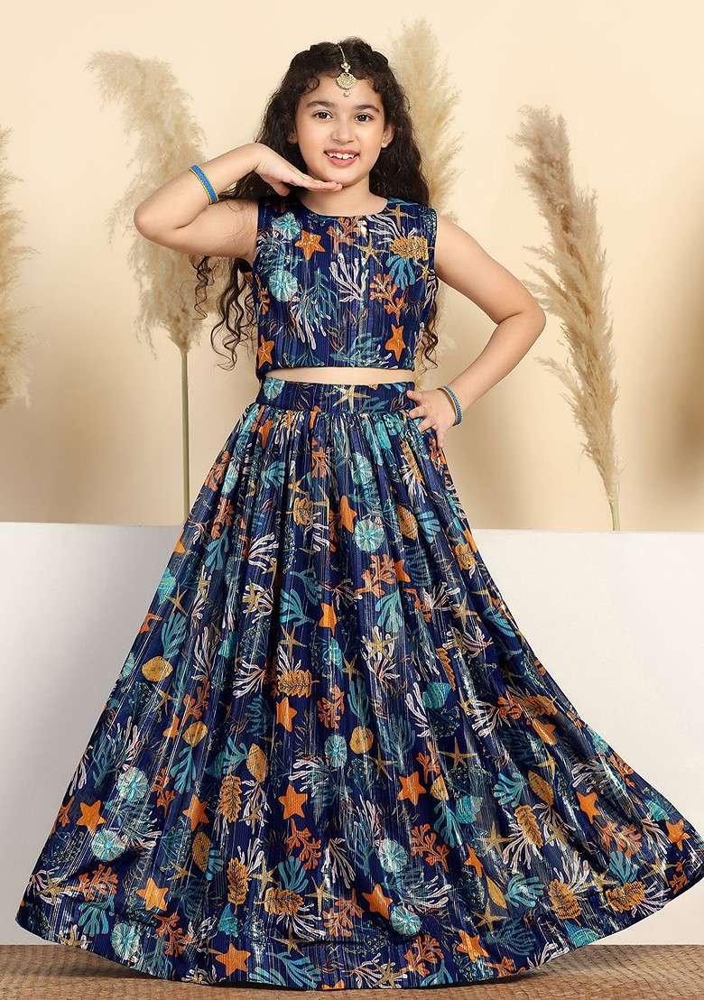 Blue Printed Blended Lehenga Choli For Girls - Indya
