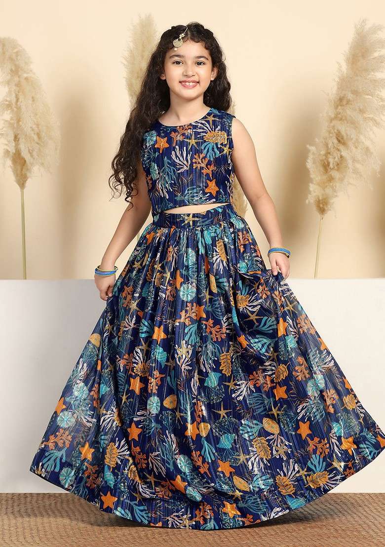 Blue Printed Blended Lehenga Choli For Girls - Indya