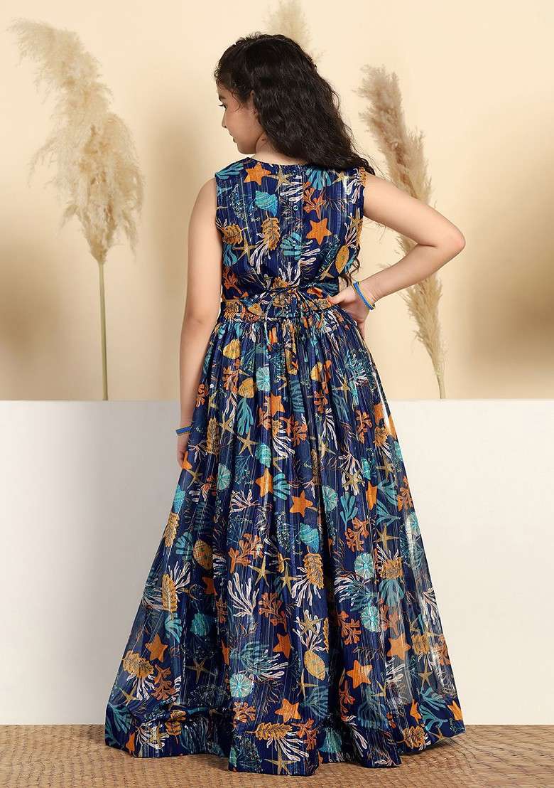 Blue Printed Blended Lehenga Choli For Girls - Indya