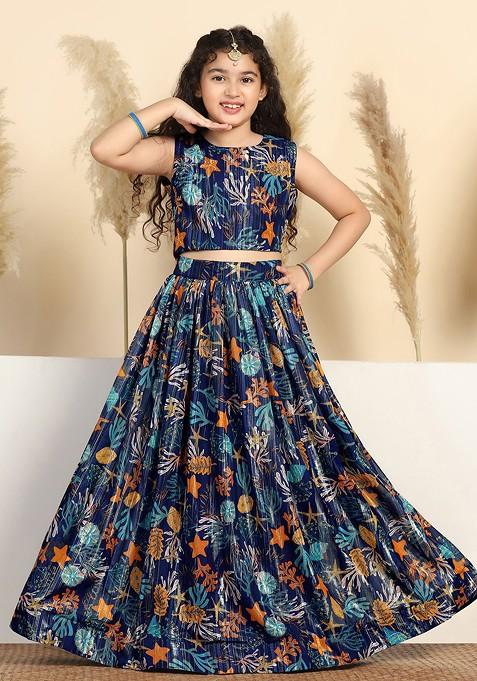 Blue Printed Blended Lehenga Choli For Girls