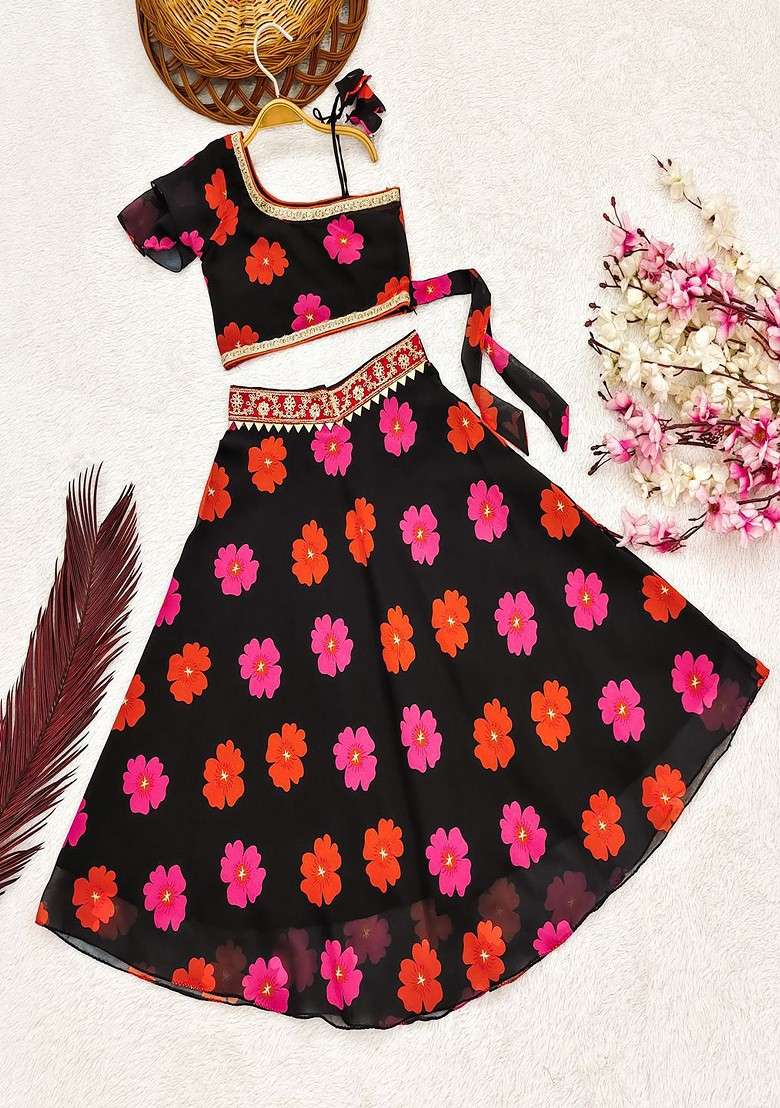 Black Printed Georgette Lehenga Choli For Girls - Indya