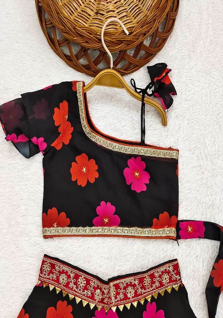 Black Printed Georgette Lehenga Choli For Girls - Indya