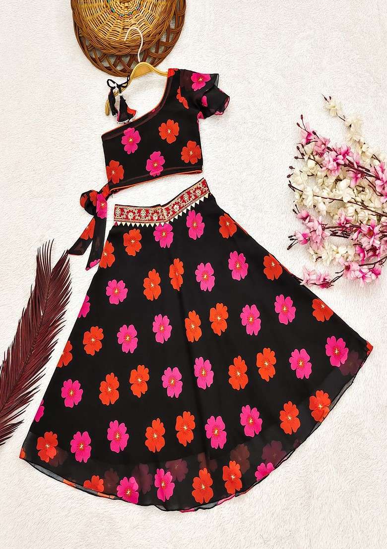 Black Printed Georgette Lehenga Choli For Girls - Indya