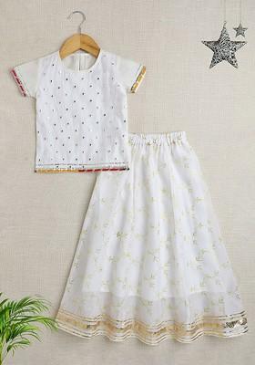 Off White Embroidered Blended Lehenga Choli For Girls