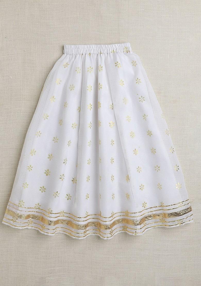 Off White Embroidered Blended Lehenga Choli For Girls - Indya