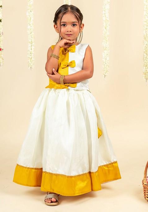 Cream Embroidered Blended Lehenga Choli For Girls