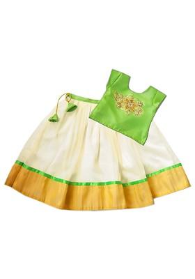 Green Embroidered Blended Lehenga Choli For Girls