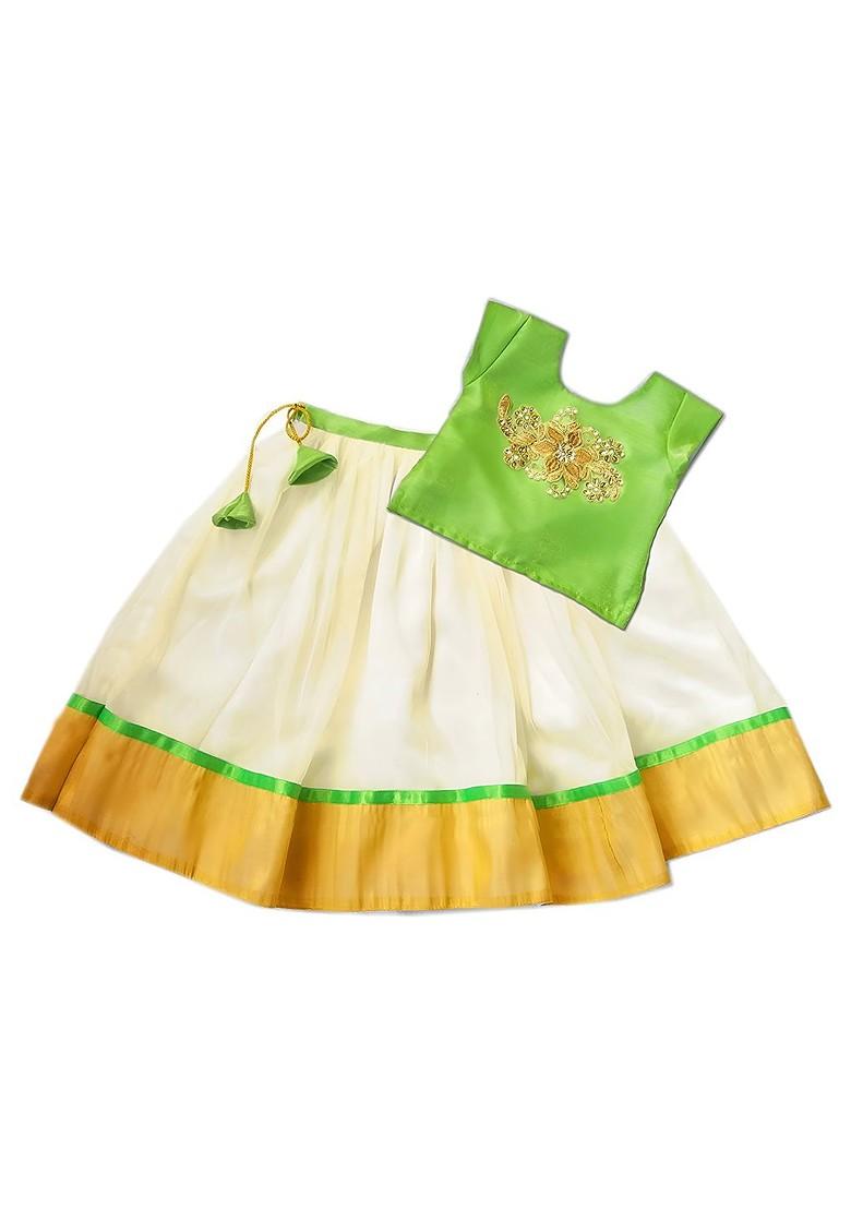 Green Embroidered Blended Lehenga Choli For Girls - Indya