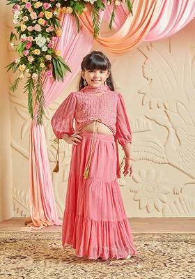 Pink Embroidered Blended Lehenga Choli For Girls