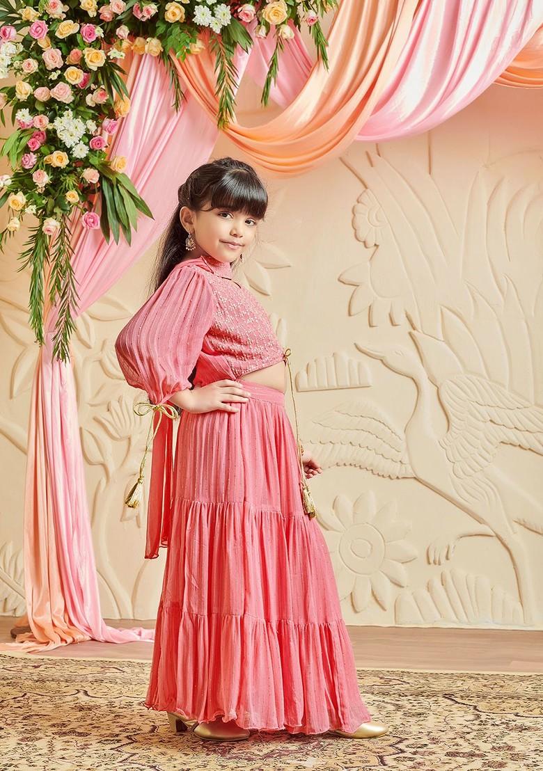 Pink Embroidered Blended Lehenga Choli For Girls - Indya