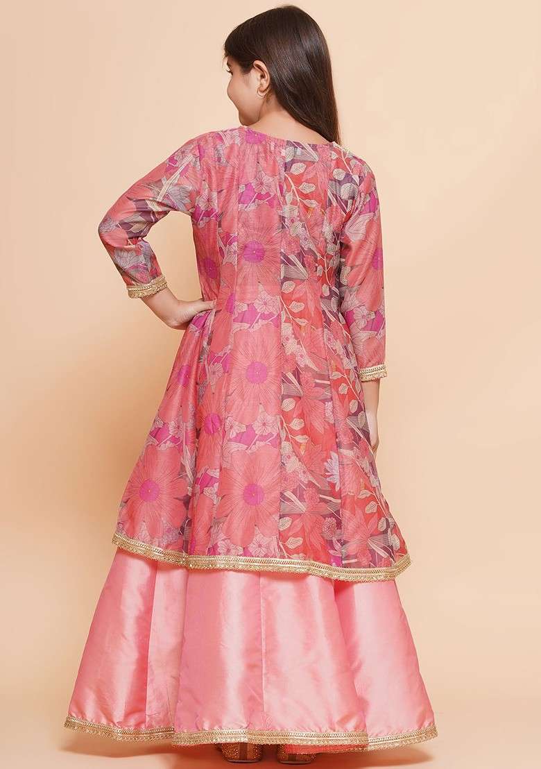 Peach Printed Blended Lehenga Choli For Girls - Indya