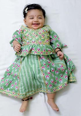 Green Printed Cotton Blend Lehenga Choli For Girls