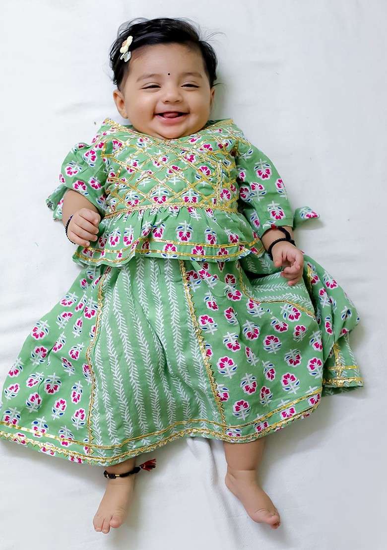 Green Printed Cotton Blend Lehenga Choli For Girls - Indya