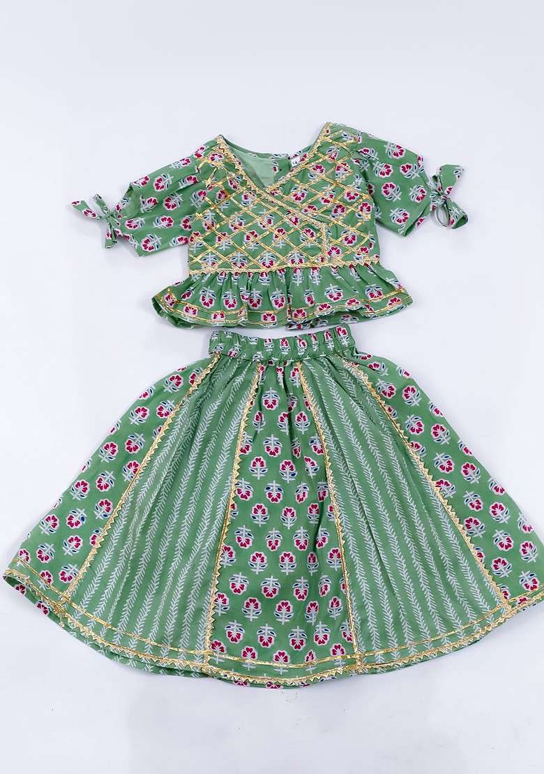 Green Printed Cotton Blend Lehenga Choli For Girls - Indya