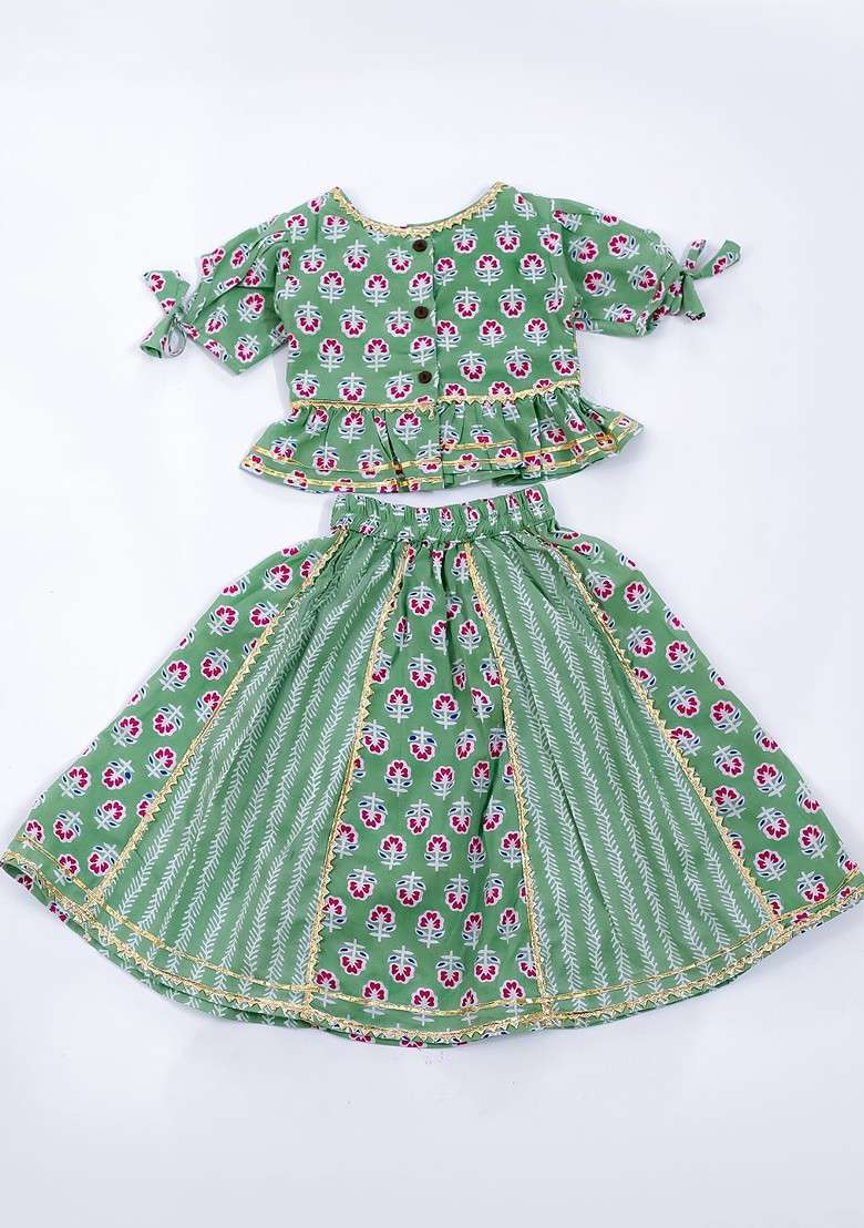 Green Printed Cotton Blend Lehenga Choli For Girls - Indya