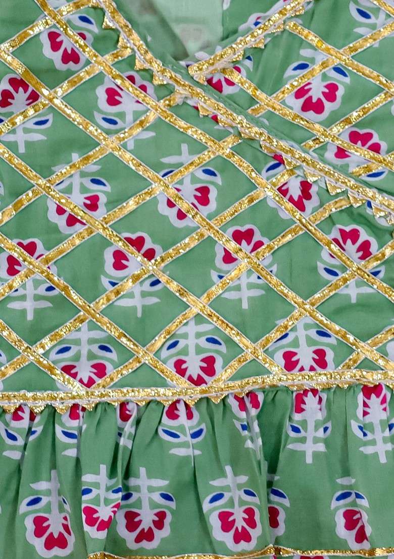 Green Printed Cotton Blend Lehenga Choli For Girls - Indya