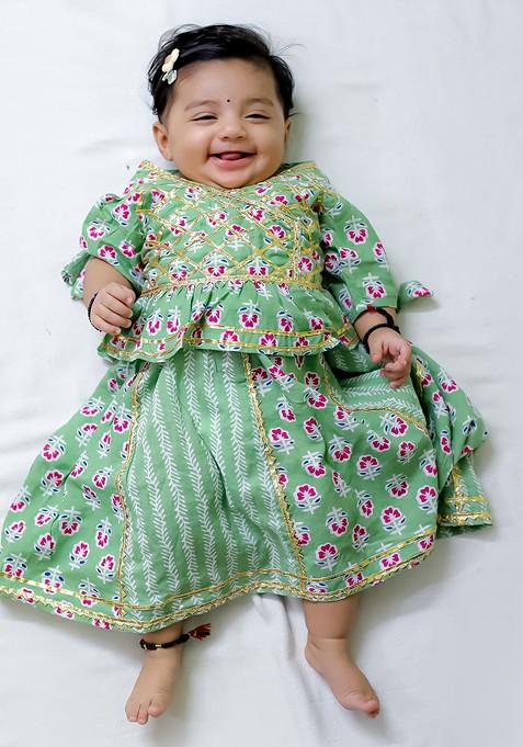 Green Printed Cotton Blend Lehenga Choli For Girls