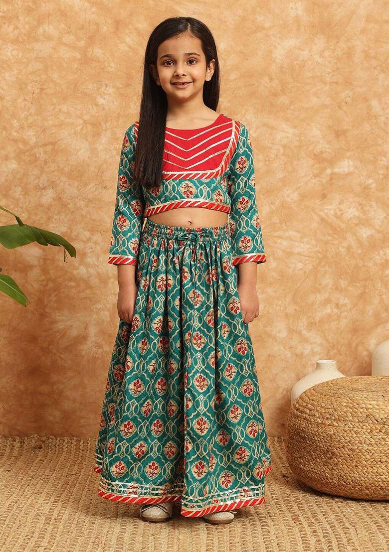 Teal Printed Blended Lehenga Choli For Girls - Indya