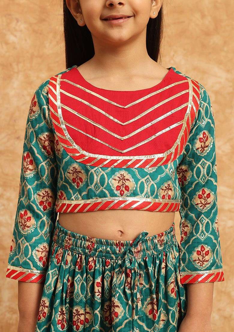 Teal Printed Blended Lehenga Choli For Girls - Indya