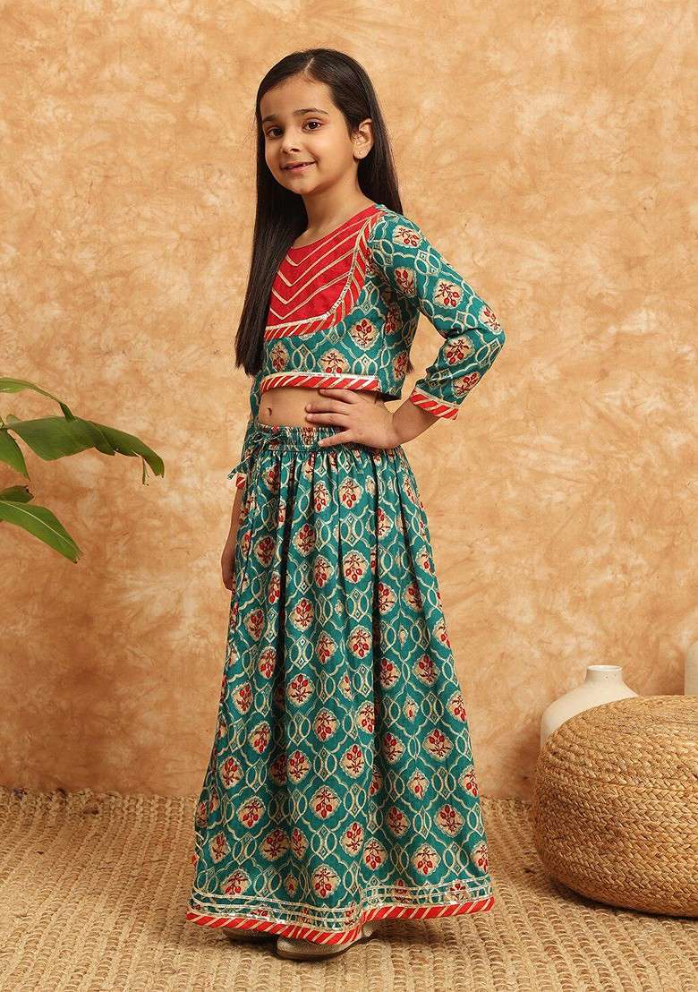 Teal Printed Blended Lehenga Choli For Girls - Indya