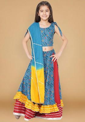 Blue Printed Blended Lehenga Choli For Girls