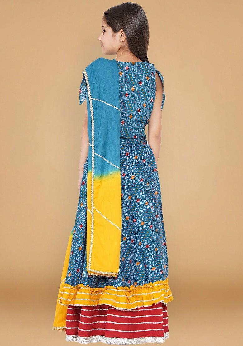 Blue Printed Blended Lehenga Choli For Girls - Indya