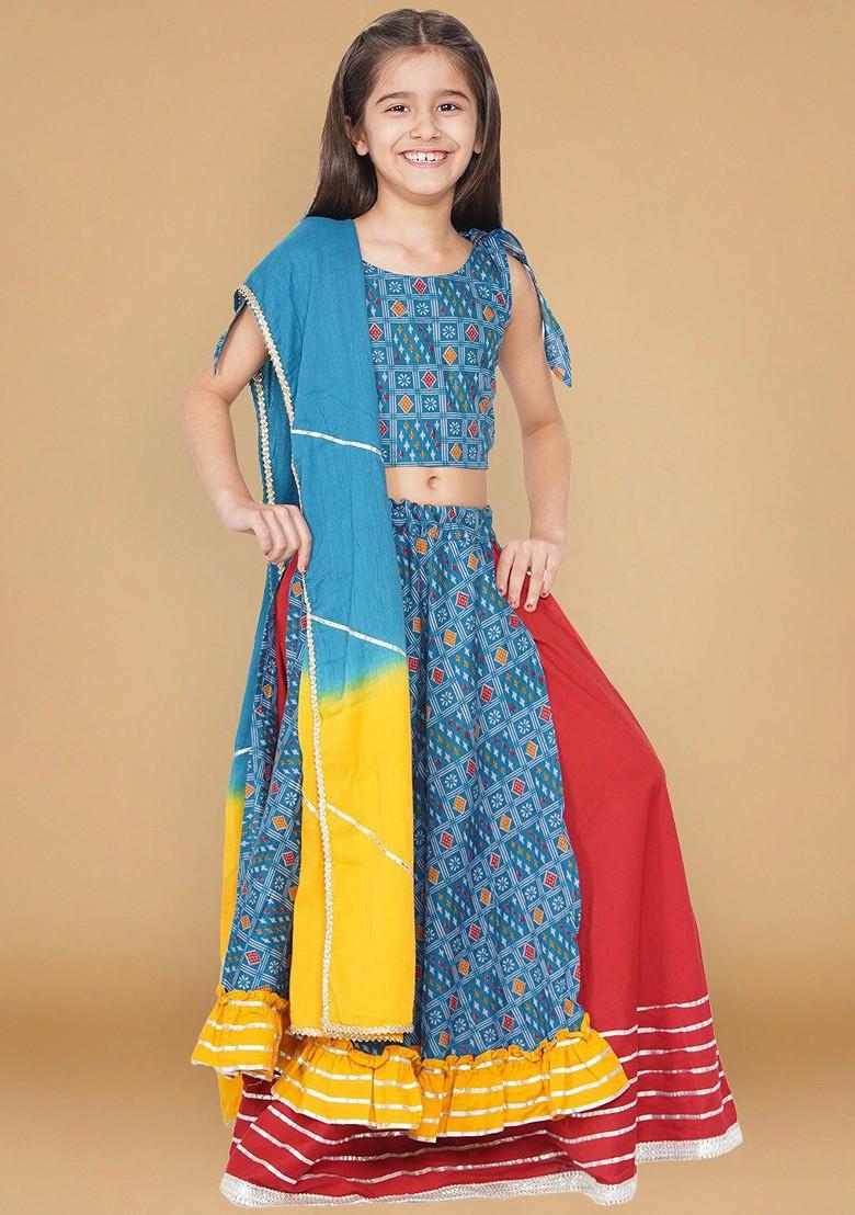 Blue Printed Blended Lehenga Choli For Girls - Indya