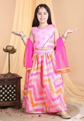 Pink Embroidered Cotton Blend Lehenga Choli For Girls