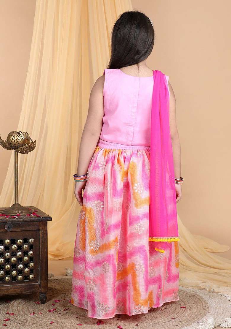 Pink Embroidered Cotton Blend Lehenga Choli For Girls - Indya