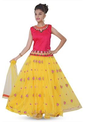 Yellow Embroidered Blended Lehenga Choli For Girls